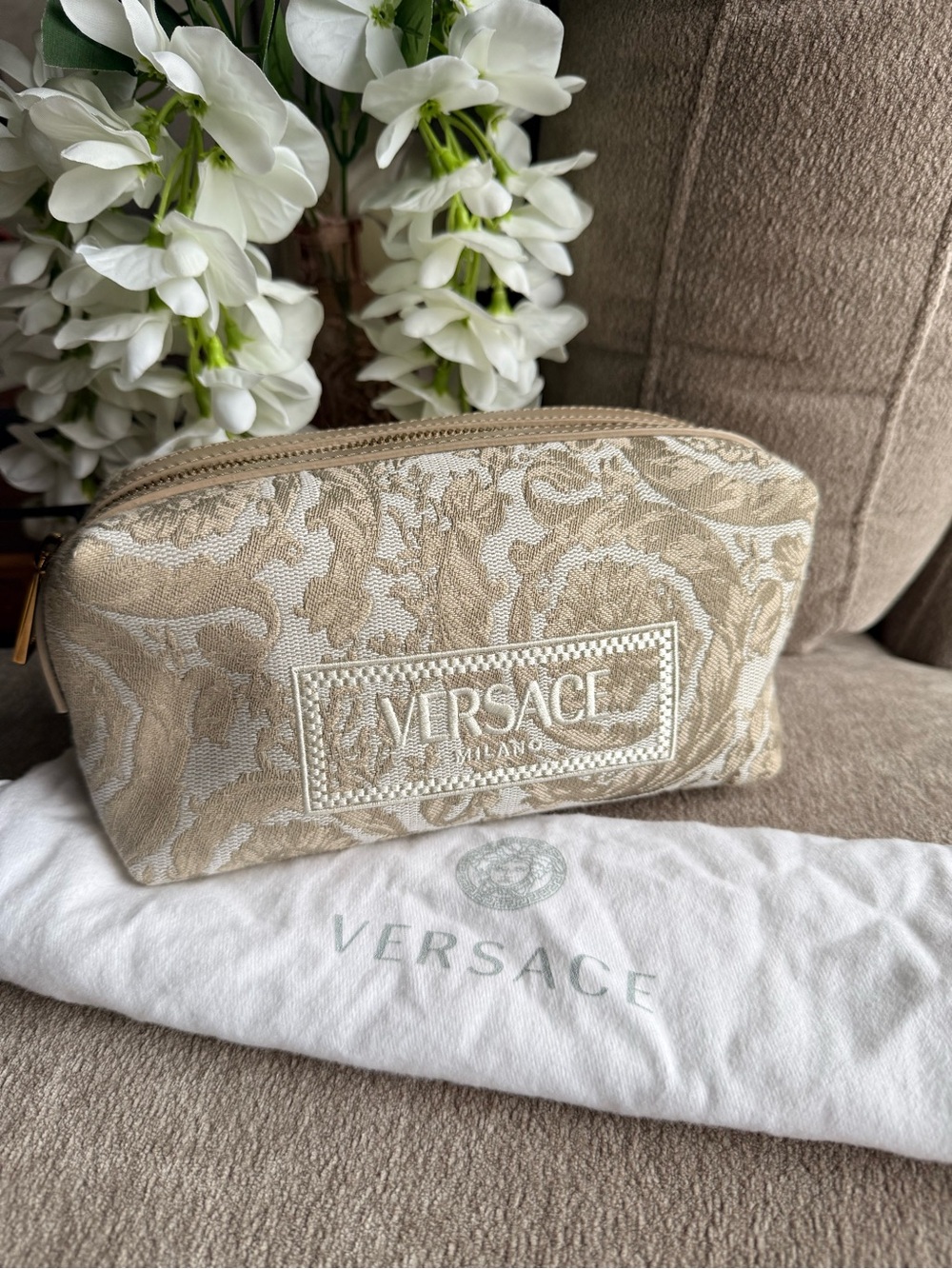 Versace Milano Beige Jacquard Cosmetic Pouch NWOT Authentic